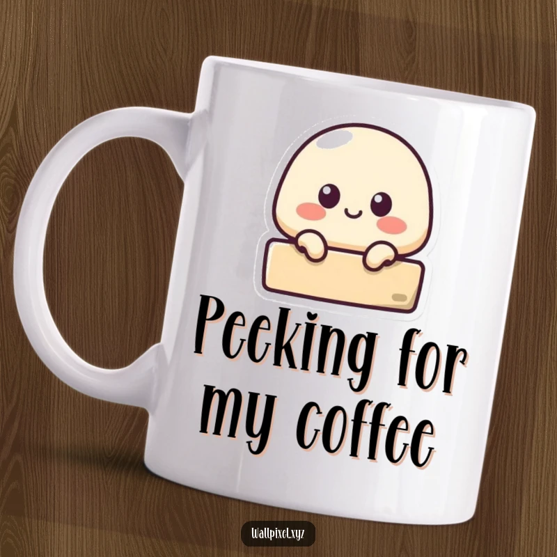 Funny mug featuring a small pixelated blob character curiously peeking from behind a block, evoking retro gaming vibes.