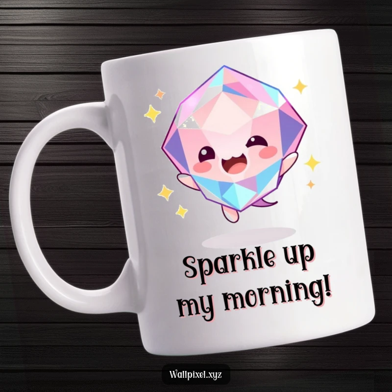 Funny gem bounce mug with a faceted gemstone character energetically bouncing with a bright, cheerful glow. Joyful design.