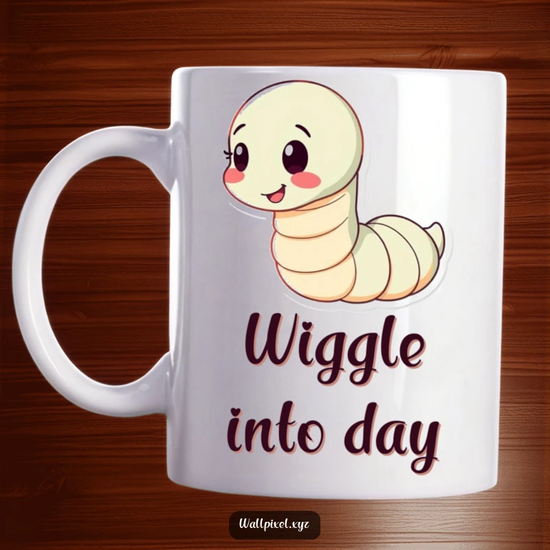 Funny mug featuring a segmented worm character wiggling playfully with a happy expression, embodying cheerful movement.