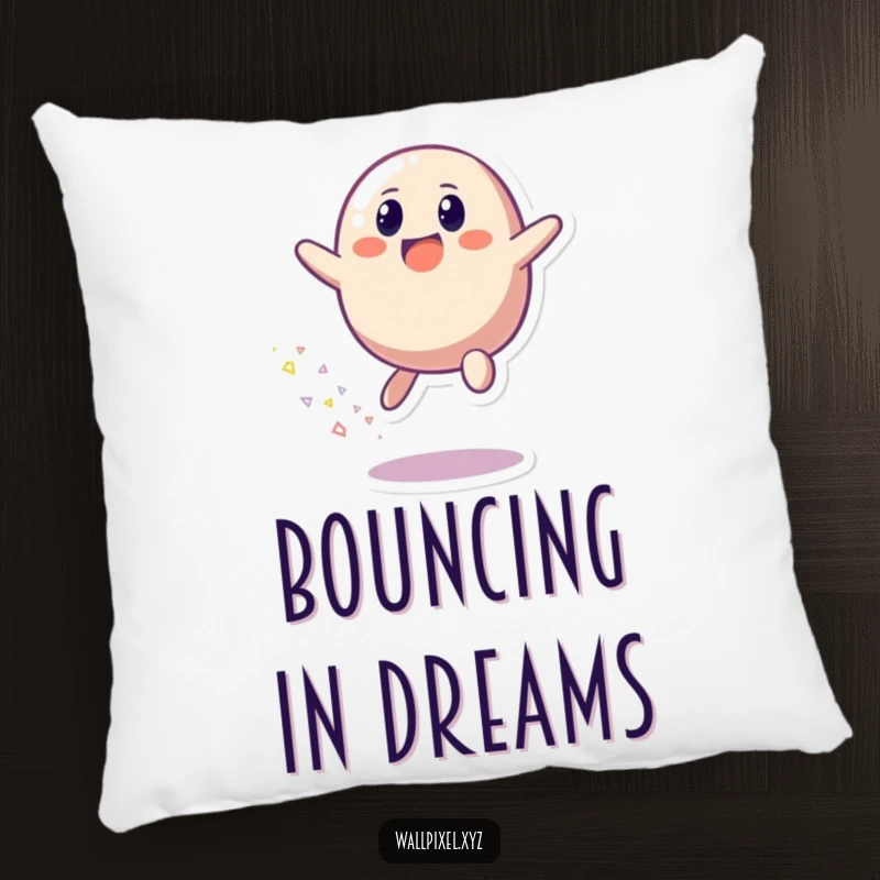Funny pillow featuring a pixelated blob character bouncing with delight, surrounded by a trail of bright, colorful pixels.