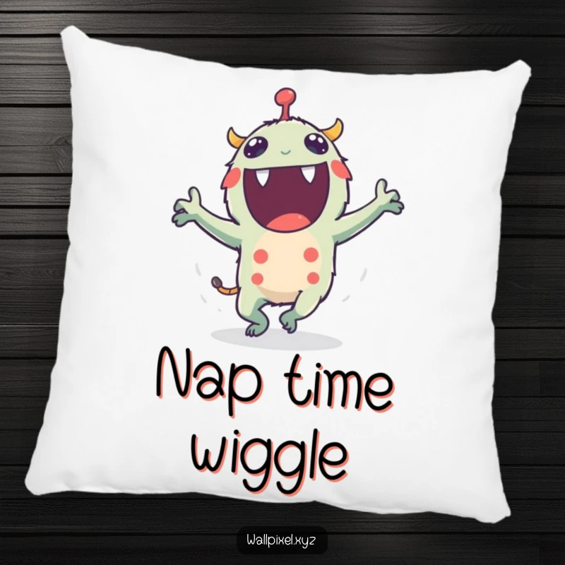 Funny pillow featuring a pixel monster dancing energetically with tiny flailing blocky arms, adding playful decor.