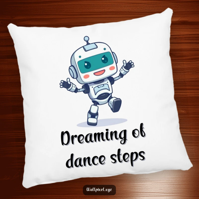 Funny pillow with a pixelated robot character doing a happy, bumbling dance, offering cozy, robotic humor.