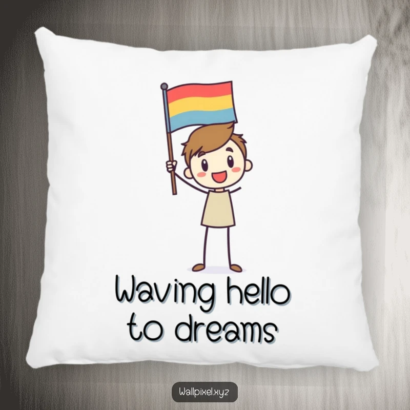 Funny pillow with a stick figure character enthusiastically waving a pixelated flag, offering cozy, celebratory humor.