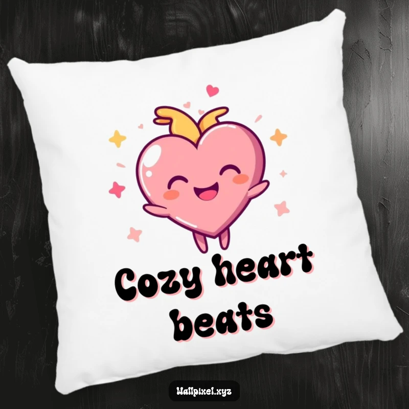 Funny pixel heart pillow with a joyful character pulsing rhythmically, offering cozy comfort and pixelated affection.
