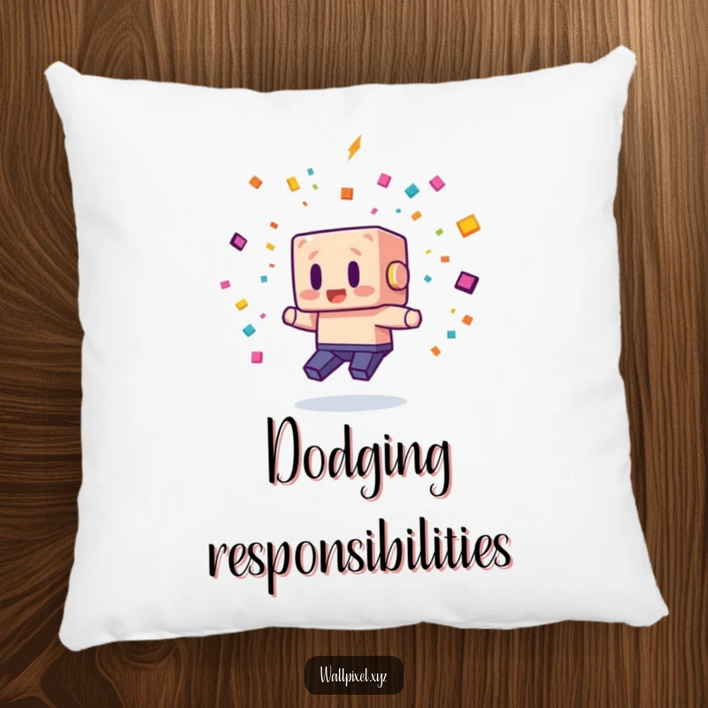 Funny pillow with a blocky pixel character comically dodging pixelated confetti, offering comfort and a humorous touch of retro gaming.