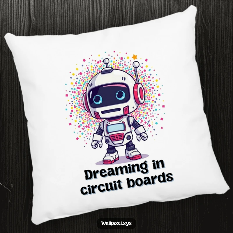 Funny pillow: A retro robot reacts with surprise to a burst of colorful pixels, a soft and humorous decor item.