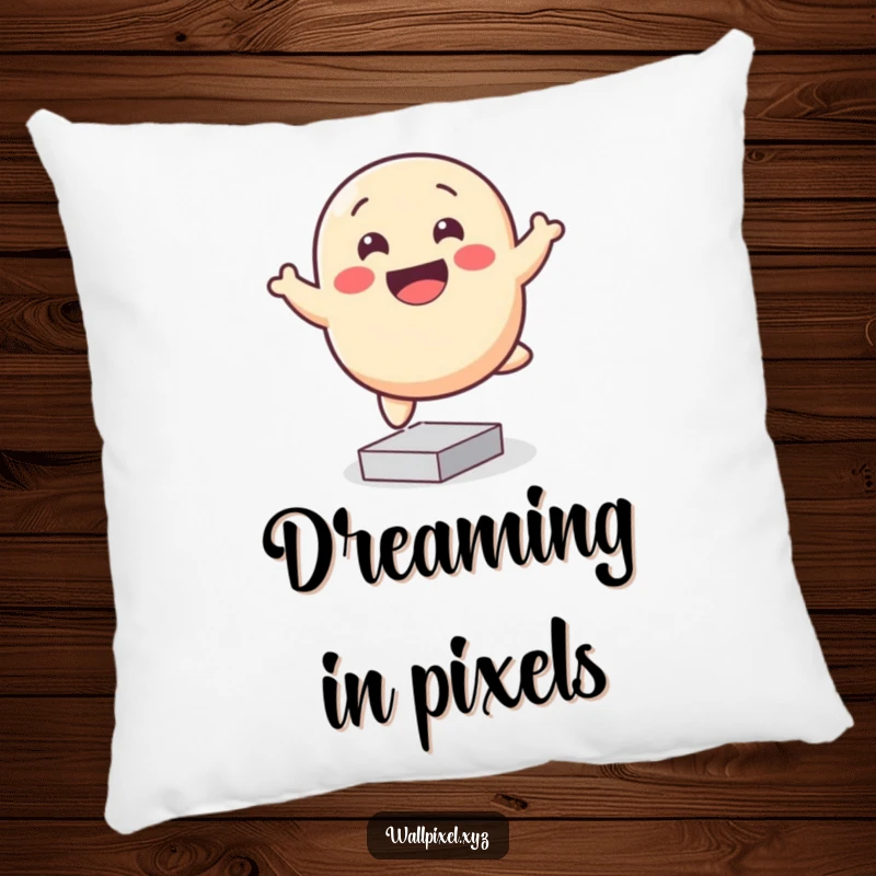 Funny pixelated blob pillow, smiling and bouncing happily on square pixels, perfect for adding cozy happiness.
