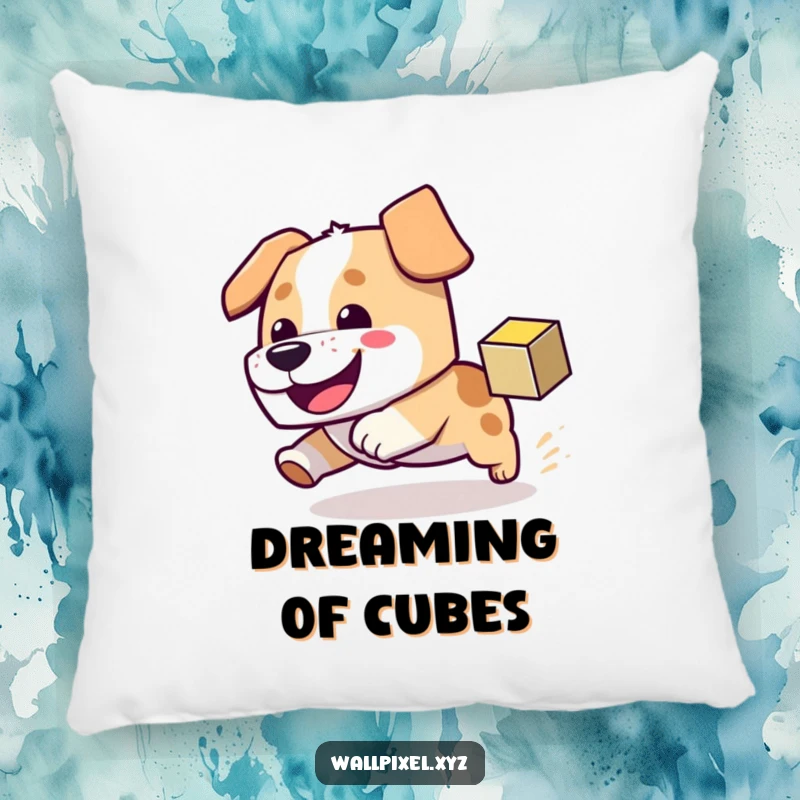 Funny block dog pillow showcasing a dog chasing a pixel cube, providing cozy comfort and a touch of pixel art fun.