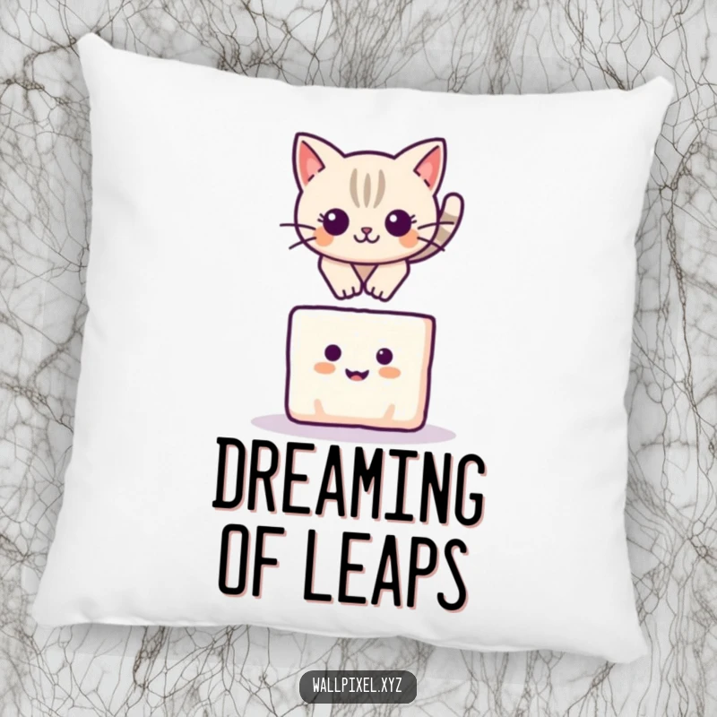 Funny pillow featuring a pixelated cat leaping over a small, smiling square block, embodying playful charm.