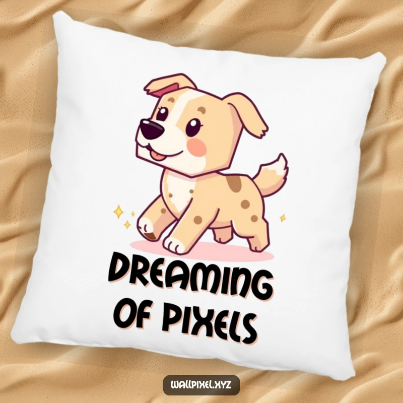 Funny pillow with a blocky pixel dog chasing its tail, leaving a sparkling pixel trail, offering comfort and retro humor.