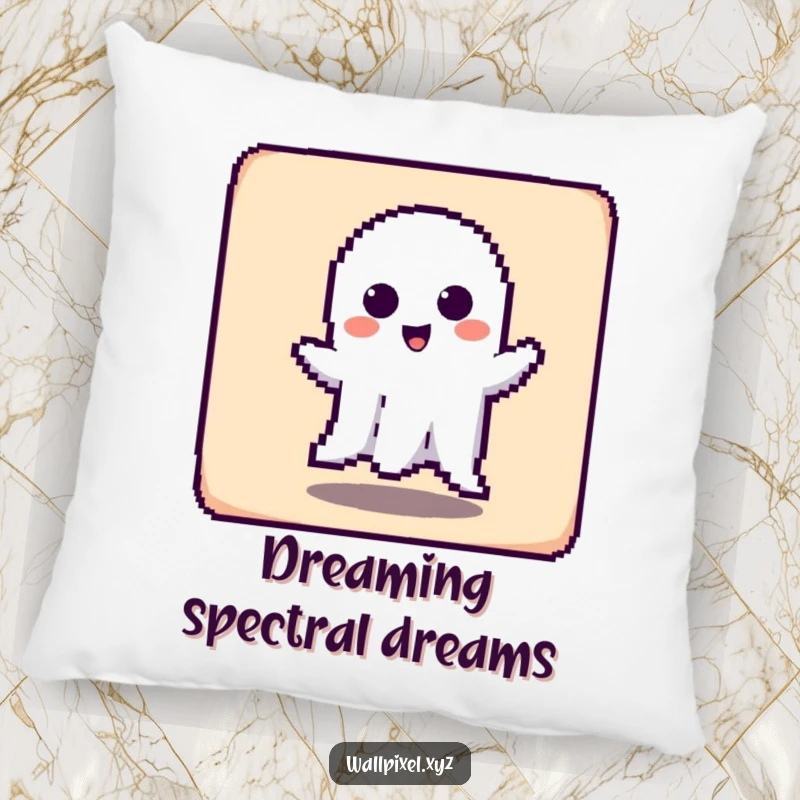 Funny pillow with a pixelated ghost character playfully haunting a square block, offering cozy, spooky humor.