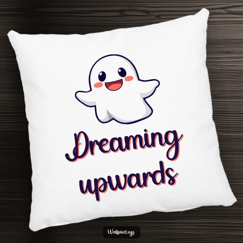 Funny pillow featuring a smiling pixelated ghost with a determined expression, floating upwards for a touch of spooky comfort.