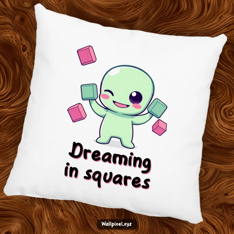 Funny pixel art pillow featuring a grinning pixelated alien character winking and juggling three floating squares, offering retro gaming comfort and alien fun.