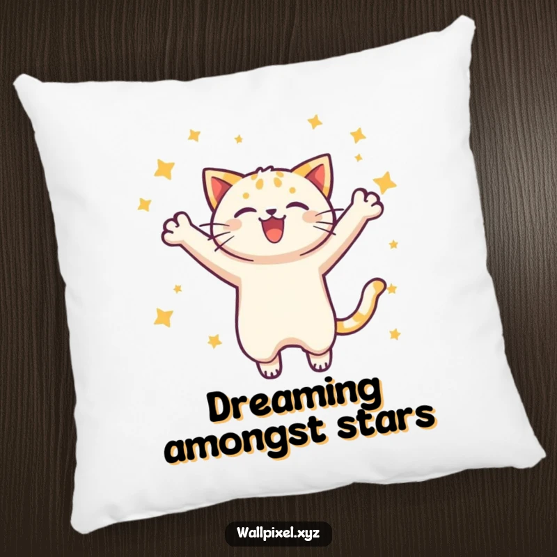 Funny pixelated cat pillow showcasing a joyful leap among stars, providing cozy comfort and a touch of retro gaming style.