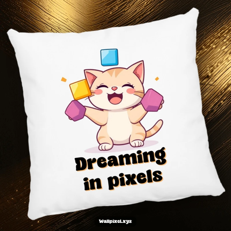 Funny pillow with a giggling pixelated cat juggling colorful squares, offering comfort and a dose of retro humor.