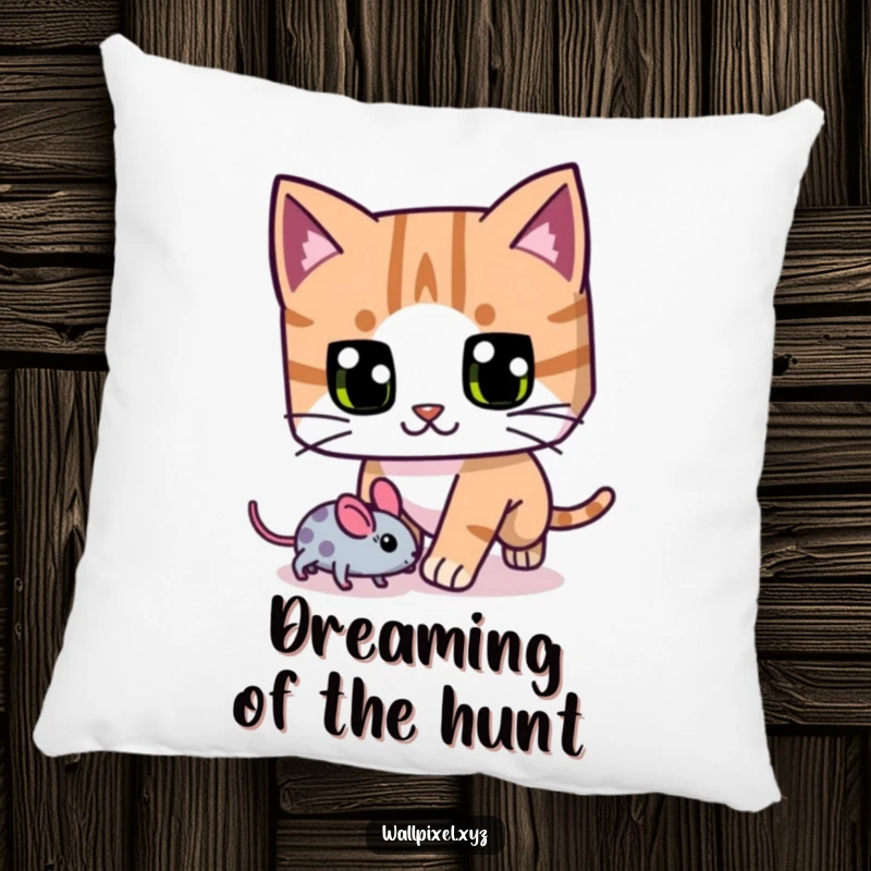 Funny blocky cat pillow, with exaggerated pixel eyes, chasing a pixelated mouse, perfect for cozy feline fun.