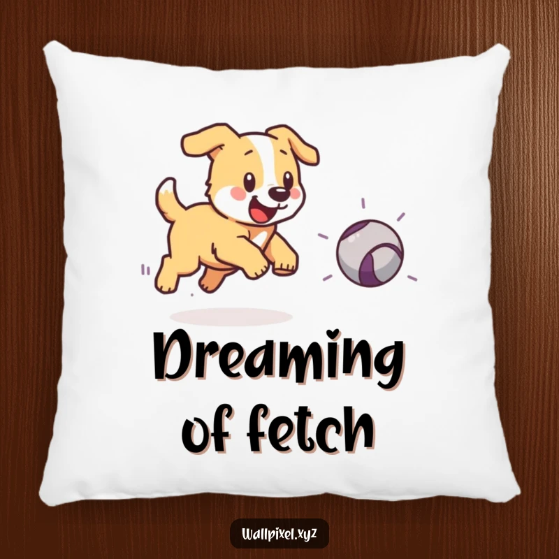 Funny pillow showing a pixelated dog chasing a bouncing pixelated ball, great for sofa decor.