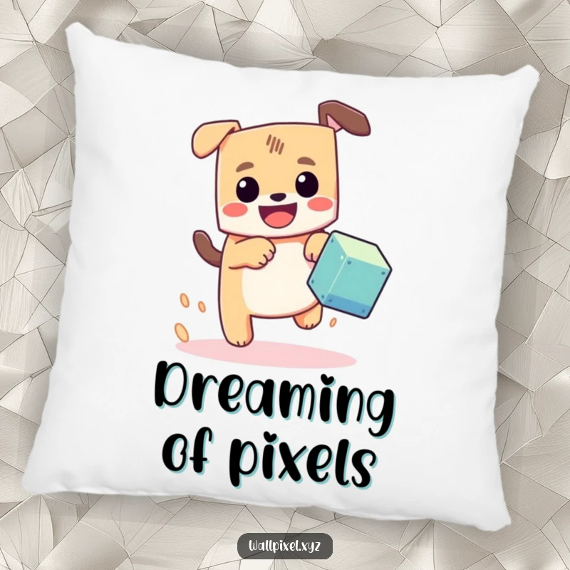 Funny pixel dog pillow, a blocky dog with a happy grin chasing a bouncing pixel cube, offering cozy comfort and retro charm.