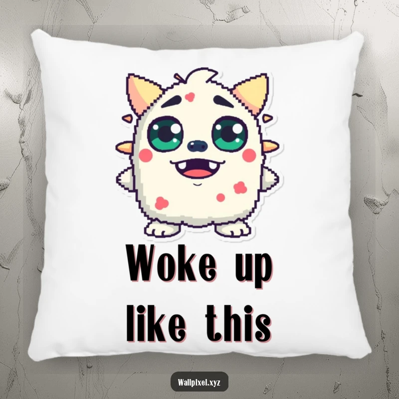 Funny pillow featuring a pixelated monster with wide, blocky eyes, expressing comical surprise and offering plush comfort.