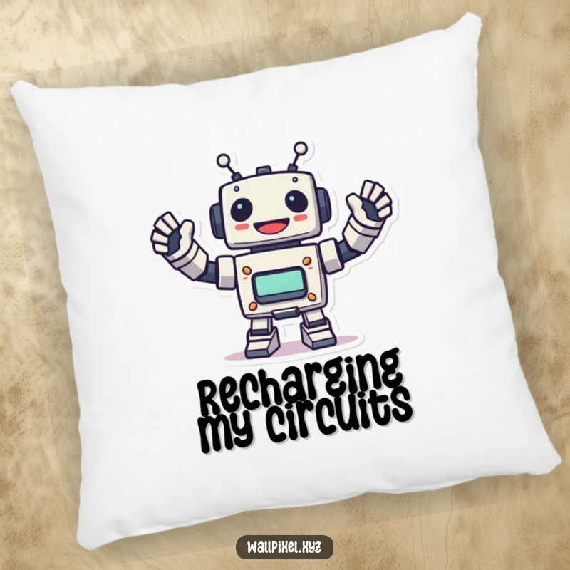 Funny pixel robot pillow showcasing a robot energetically waving, providing cozy comfort and a touch of retro tech style.