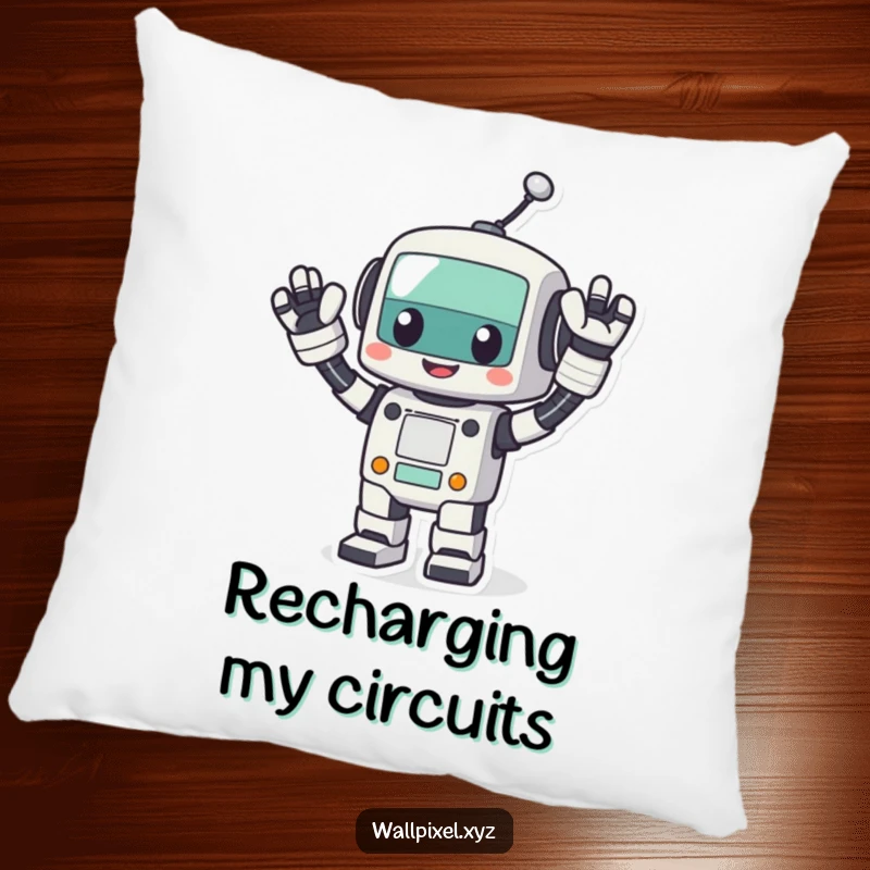 Funny pixel robot pillow, a cheerful blocky robot waving energetically, offering cozy comfort with retro tech charm.