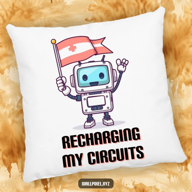 Funny square robot character waving a pixelated flag with glee, on a comfortable accent pillow.