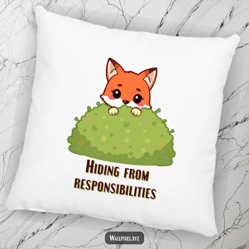 Funny pixel fox pillow featuring a cute blocky character peeking from behind a pixelated bush, perfect for a gamer's cozy space.