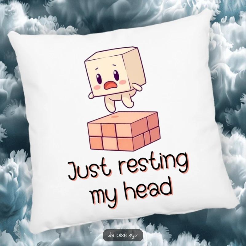 Funny pillow with a surprised blocky character tripping over a floating pixel, great for sofa decoration.