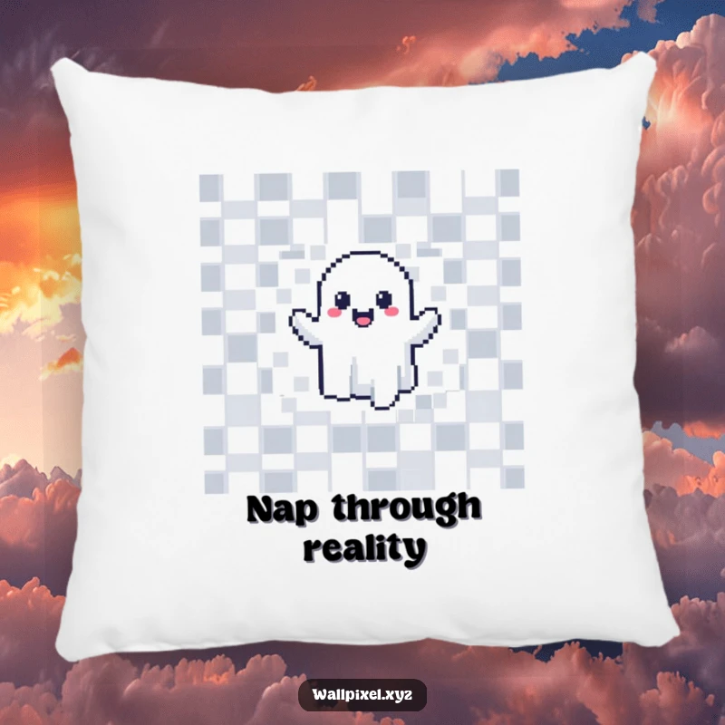 Funny pixelated ghost pillow, happily phasing through a checkerboard wall, perfect for adding cozy humor.