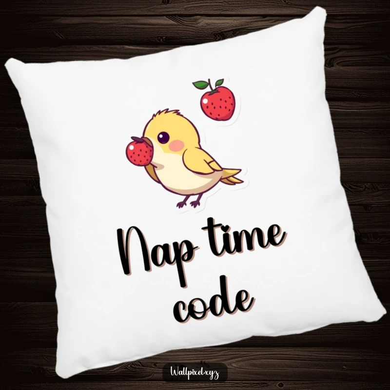 Funny pixel art pillow featuring a small, angular bird character playfully pecking at a floating pixelated berry, offering retro gaming charm and comfort.