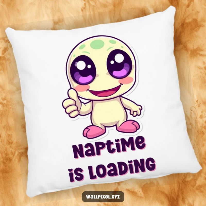 Funny laughing pixelated alien with large pixel eyes giving a thumbs up. Soft and humorous retro decorative pillow.