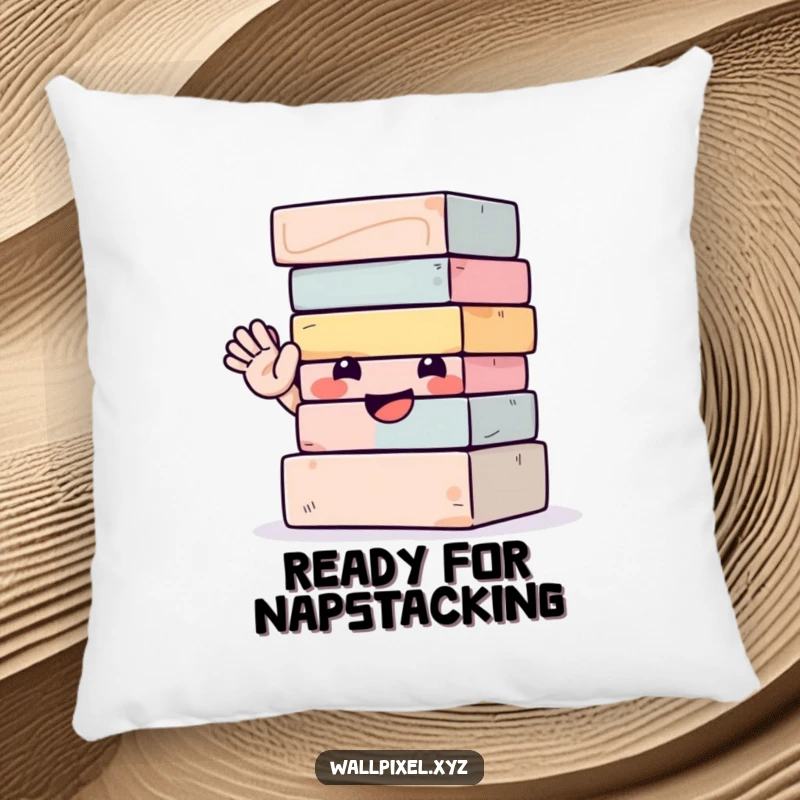 Funny pillow with a plush design of a smiling block tower enthusiastically waving, providing soft comfort and cheerful decor.