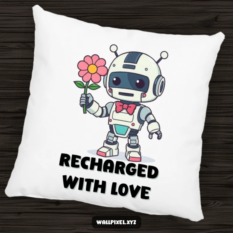 Funny Retro Robot Pillow: A cute vintage robot with a bow offers a glowing pixelated flower, bringing geeky charm.