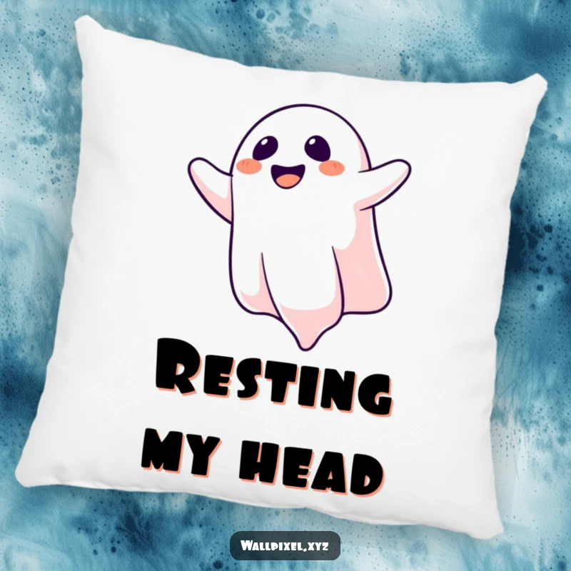 Funny pillow with a laughing pixelated ghost floating upside down, offering comfort and a humorous touch of spectral fun.