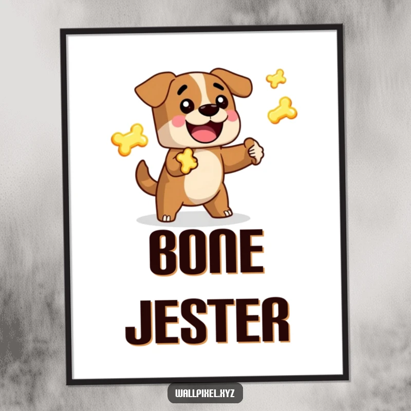 Funny Pixel Dog Digital Art Print: A blocky, retro 8-bit dog happily juggles glowing pixelated bones, ideal for gamer decor.