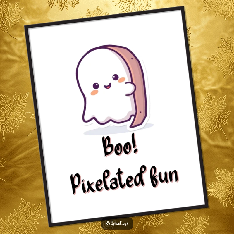 Funny ghost digital art print of a simplified ghost peeking from a pixelated object, offering retro gaming charm.