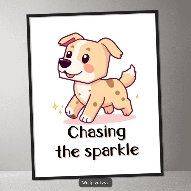 Funny digital art print of a blocky pixelated dog chasing its tail, leaving a sparkling pixel trail, for instant humor.