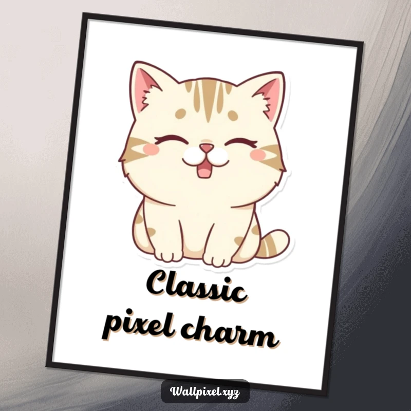 Funny digital art print of a chunky, pixelated cat winking with a missing tooth, creating a cool, retro, and playful atmosphere.