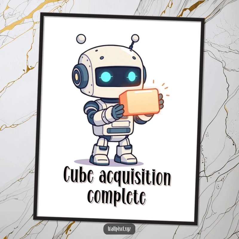 Funny digital art print of a friendly, pixelated robot enthusiastically offering a bright, glowing cube, capturing a moment of digital wonder.