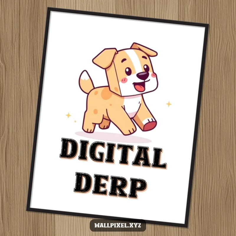 Funny Pixel Dog Digital Art Print: Printable art of a blocky dog playfully chasing its own tail, leaving a trail of sparkling pixels.