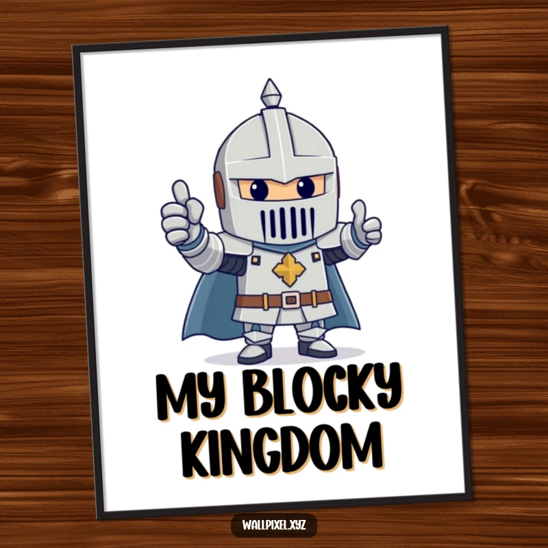 Funny digital art print of a cheerful knight made of blocks giving a thumbs up, a positive and heroic image.