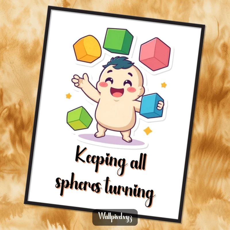 Funny digital art print of a happy, wobbly pixelated character in motion, juggling multiple colorful cubes with infectious energy.