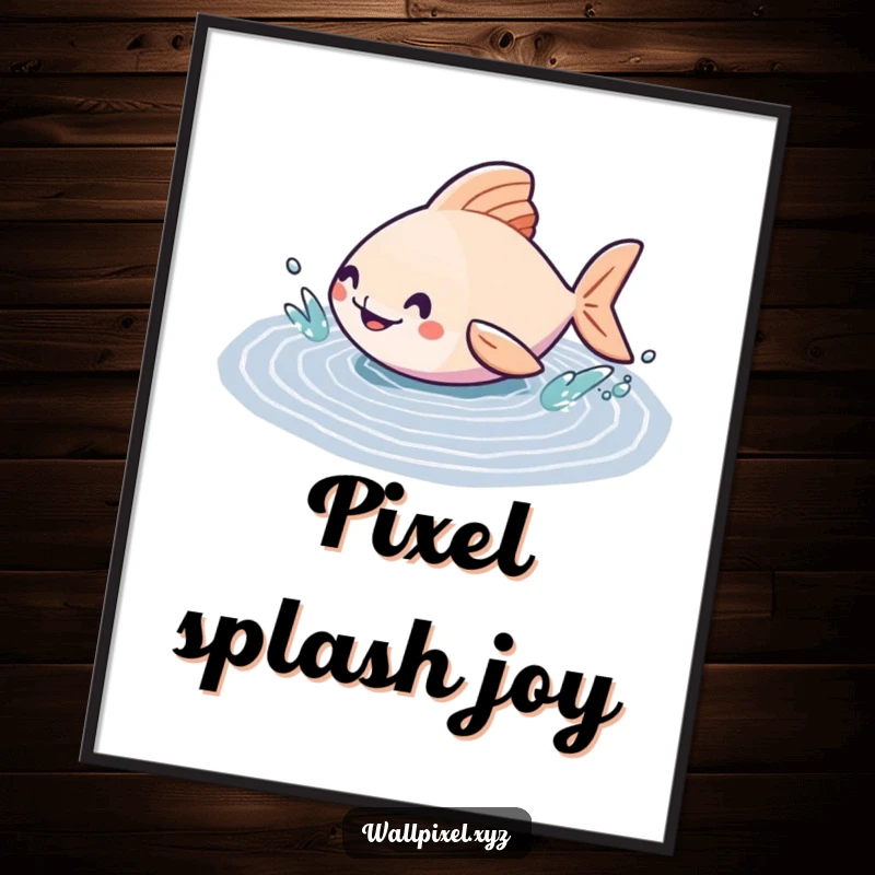 Funny digital art print of a geometric fish character splashing in a pixelated puddle, a high-resolution, artistic artwork for instant download.