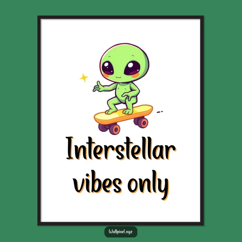 Funny Pixel Alien Skateboard Digital Print Retro Gamer Wall Art Gift