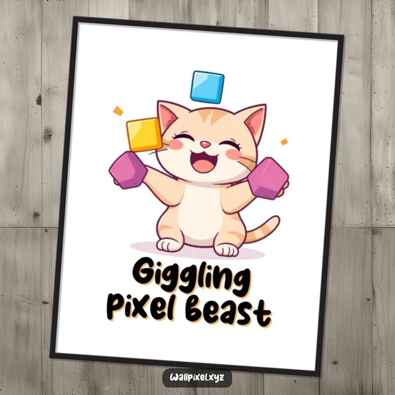 Funny digital art print of a giggling pixelated cat juggling colorful squares, offering instant retro humor.