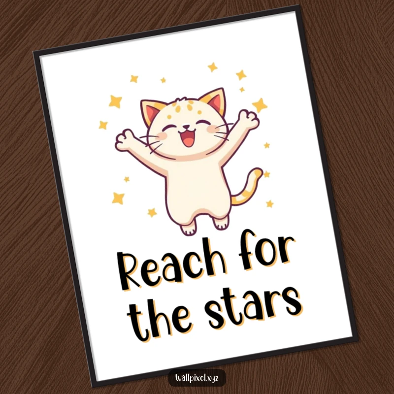 Funny digital art print of a pixelated cat joyfully leaping with stars, evoking retro gaming nostalgia, ready for download.