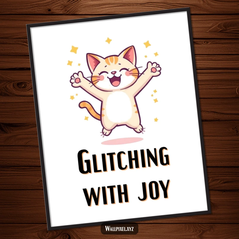 Funny pixel cat digital art print, a pixelated cat joyfully leaping surrounded by stars, perfect for instant retro gaming decor.