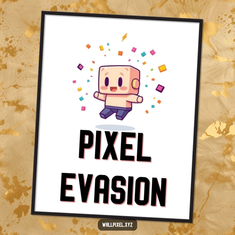 Funny digital art print of a blocky pixel character comically dodging pixelated confetti, celebrating retro gaming and playful chaos.