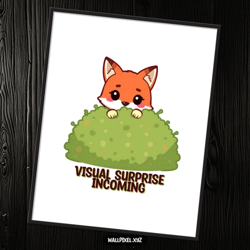 Funny pixel fox digital art print of a blocky character peeking from a pixelated bush, offering instant retro gaming decor.