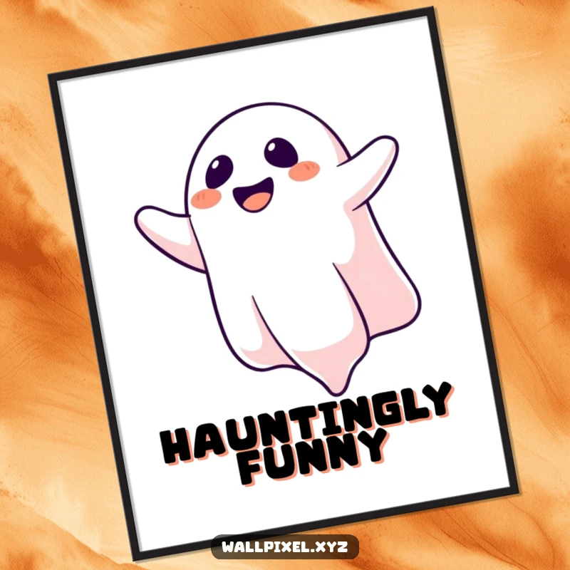 Funny digital art print of a laughing pixelated ghost floating upside down, radiating playful spookiness and spectral amusement.